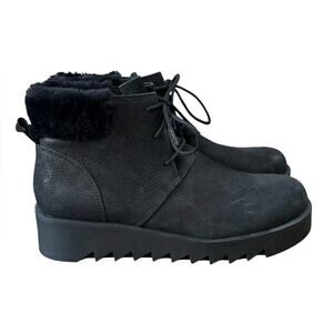 Eileen Fisher Kenille Genuine Shearling Trim Wedge Black Booties – 8.5